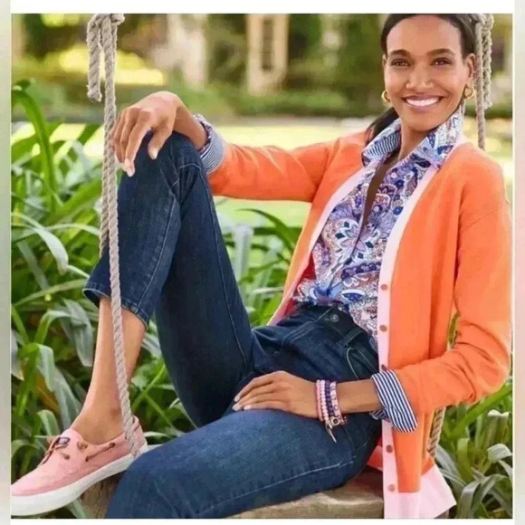 Talbots XLP Classic Cotton Shirt Royal Palm Paisley Orange Blue Button Down Up - Picture 2 of 8